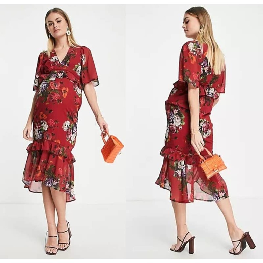 Hope & Ivy Maternity Flutter Sleeve Midi Tea Dress In Mixed Floral 6 NWT